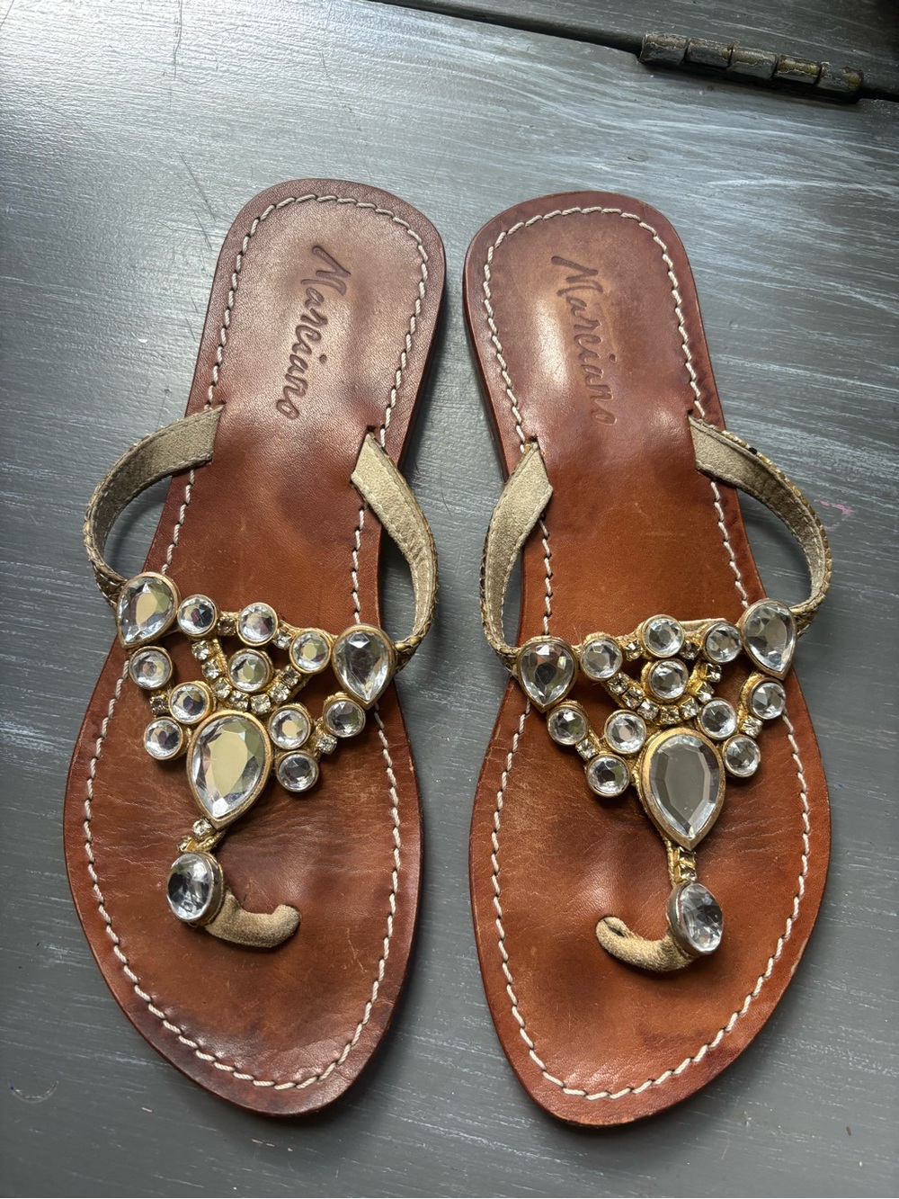 Marciano Brown Leather Sandals with Gold Jeweled T-Strap